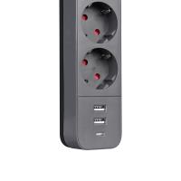 S-LINK SPG03U 2 Usb +1Type C 5V2.4A 1.5m 3x1.00mm 100% Bakır 750 Joule 3 lü Anahtarlı Akım Korumalı Siyah Priz